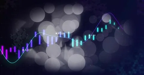 Showing neon candlestick chart on dark navy gradient canvas, with smooth lines, Illustrazione stock