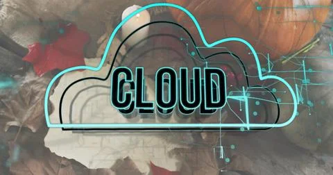 Showing neon cloud graphic labeled CLOUD on table, with pumpkin, dried leaves Stock Photos