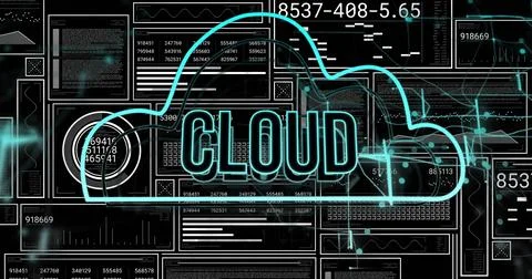 Showing neon CLOUD icon streaming data across dark digital interface, with Stock Illustration