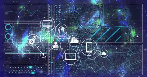 Showing neon dashboard mapping live network data in command hub, with device Stock Photos