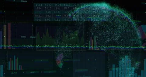 Showing neon dot globe hovering right of dashboard displaying charts and data Illustrazione stock