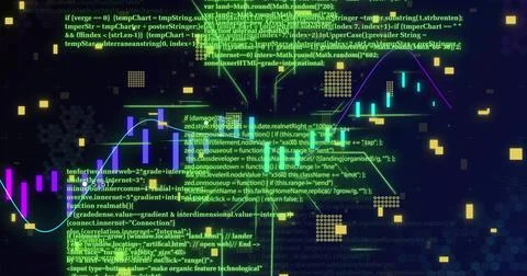 Showing neon-green code cluster with cyan purple waveform, candlestick charts on イラスト素材