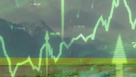 Showing neon green line chart rising over rural plain with arrows, numbers, Stock Footage 332428712