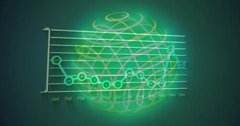 Showing neon green wireframe globe with 3D line chart, horizontal gridlines, Illustrazione stock
