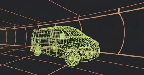 Showing neon green wireframe van model turning in grid tunnel, with wheels, l Illustrazione stock
