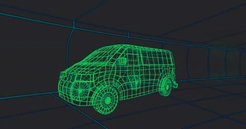 Showing neon-green wireframe van model revealing mesh and wheels in dark VR s 스톡 일러스트