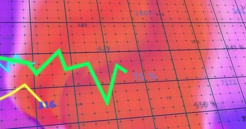 Showing neon green zigzag graph crossing digital chart mid with yellow line, Ilustración de archivo
