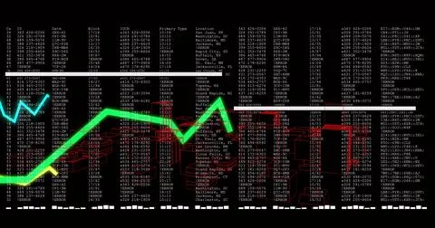 Showing neon line graph tracking sharp rises on dark dashboard, with data 스톡 일러스트