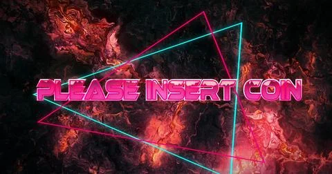 Showing neon pink 3D PLEASE INSERT COIN on dark marbled backdrop, with cyan pink Stock Illustration