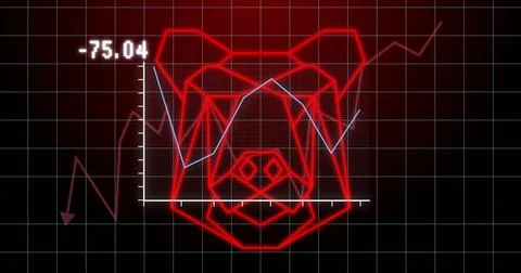 Showing neon red geometric bear head glowing on dark grid, with white axes, blue 스톡 일러스트