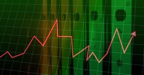 Showing neon red-orange line graph peaking to upward arrow on display, with Stock Photos
