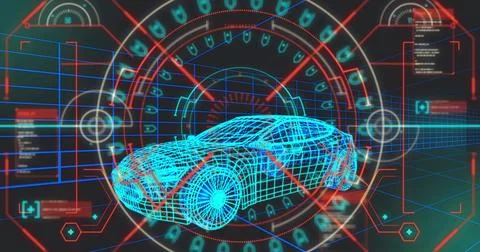 Showing neon wireframe car model rotating in HUD display, with red crosshair and Stock Illustration