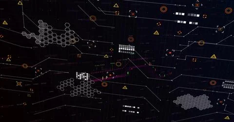 Showing network chart on dark grid, mapping hex clusters, candlesticks, orang イラスト素材