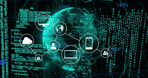 Showing network diagram pulsing code in cyberspace, with cloud globe padlock Stock Illustration