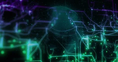 Showing network floating in virtual space, with neon green pathways, purple Illustrazione stock