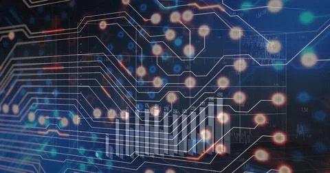 Showing network on interface glowing nodes circuit lines, bar chart, grid and Stock Photos