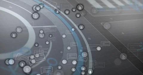 Showing network map in cyberspace, with data rings and grid lines, user icons Stock Photos