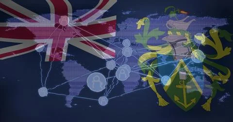 Showing network map with glowing node links on navy backdrop, Union Jack left, Stock Illustration