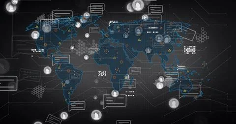 Showing network map interface on dark grid featuring user icons, chat bubbles Stock Illustration
