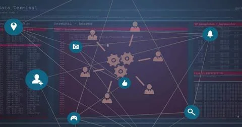 Showing network map linking avatars and gears on terminal screen, with code logs Stock-Fotos