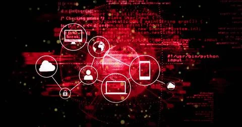 Showing network over red globe in cyberspace, with cloud lock user circular Foto stock