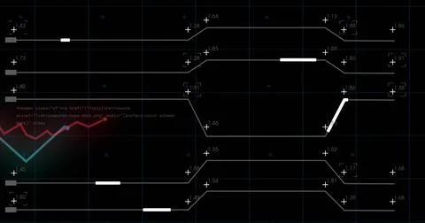 Showing network schematic occupying center on dark UI, with thin grid, numeric Stock Illustration