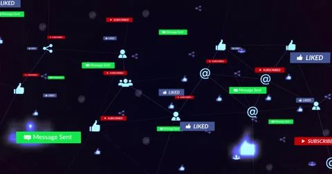 Showing network of thumbs-up, message sent and subscribed labels with icons, in 写真素材