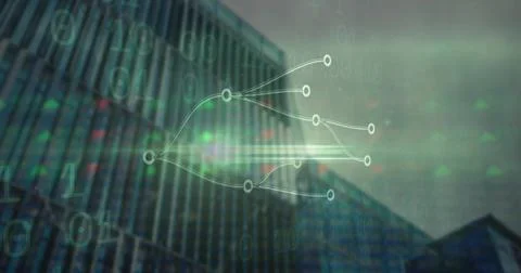 Showing network tree overlay blending facade at street-level downtown, with Stock Photos