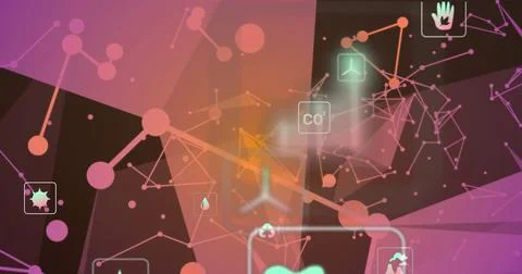 Showing node network with wind turbine and CO2 icons amid dark polygons on Stock Photos