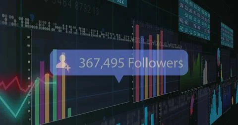 Showing notification bubble overlaying data dashboard, with follower count, Illustrazione stock
