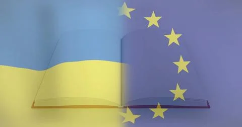Showing open hardcover book flat on studio set, displaying merged Ukrainian and Stock Photos