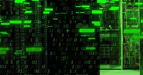 Showing open server cabinet with bundled cables green binary overlay in server Stock Illustration
