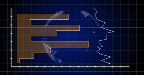 Showing orange-brown stacked bars, blue zigzag line, yellow markers, wireframe Stock Illustration