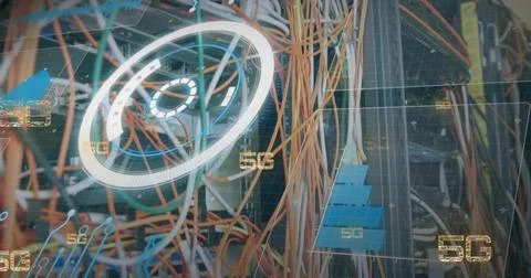 Showing orange yellow cables snaking through network rack, with blue patch Stock Photos