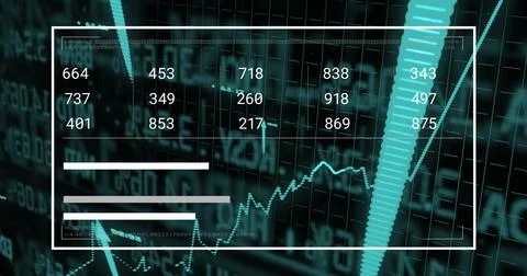 Showing outlined panel displaying digit grid, turquoise bar, progress bars, line 스톡 사진