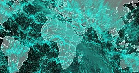 Showing outlined world map centered on Africa in display featuring grid borders Stock Photos