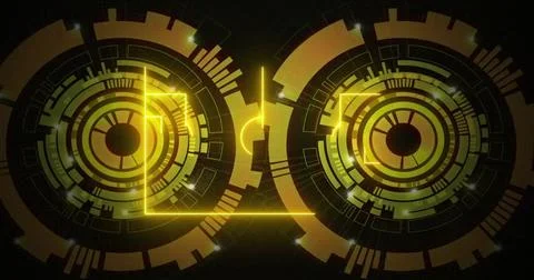 Showing pair of circular HUD elements on dark dotted grid canvas, featuring neon Stock Photos