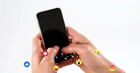Showing pair of hands tapping smartphone against white backdrop, with floating Stock Illustration