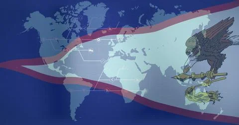 Showing pale world map on dark grid in graphic, with flag-ribbon nodes, emblem Stock Illustration