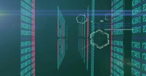 Showing panels streaming numeric, binary code in tunnel with chemical diagrams Stockfoto's