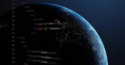 Showing partial Earth dark side glowing city lights from orbit, HTML code Stock Illustration