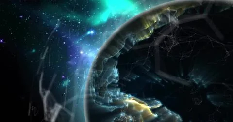 Showing partial planet globe glowing in orbit with golden terminator and teal Illustrazione stock
