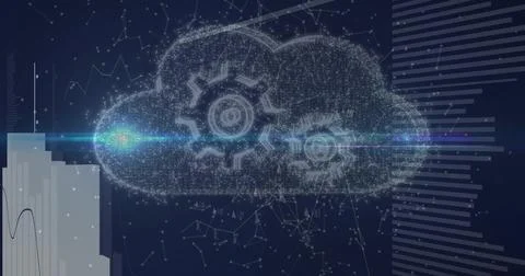 Showing particle cloud pulsing on navy UI, featuring two gears, cyan flare, left Stock Illustration