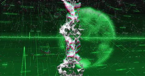 Showing particle globe rotating in virtual HUD, with fragmented helix and data Stock Illustration