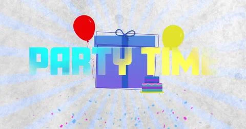 Showing PARTY TIME text with gift-box with bow at center, left red balloon, Stock Illustration