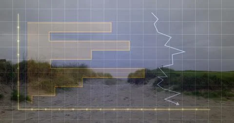 Showing path through dunes with white grid, orange bar-chart and blue-line-graph 스톡 일러스트