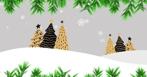 Showing patterned gold black triangular Christmas trees sitting on snowy hills, Ilustração Stock