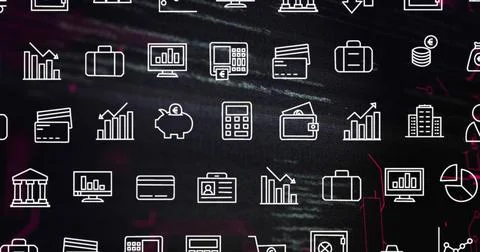 Showing patterned white finance icons on dark digital wallpaper, with piggy Stock Illustration