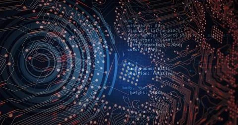 Showing PCB circuit pattern glowing in cyber schematic, with concentric rings, Stockillustratie