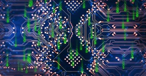 Showing PCB featuring copper traces, solder pads, vias, chip in macro studio, Stock Illustration